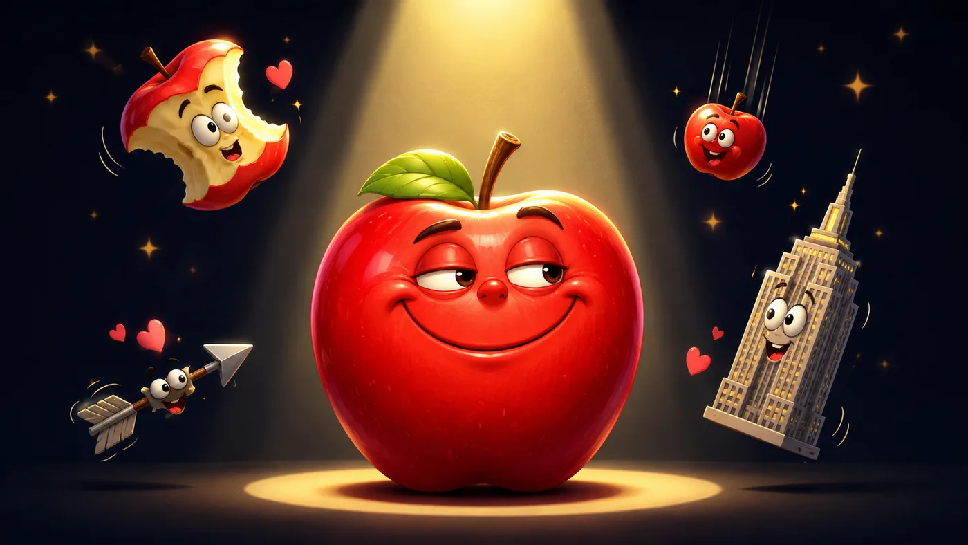 Illustrazione di una mela protagonista sotto un occhio di bue