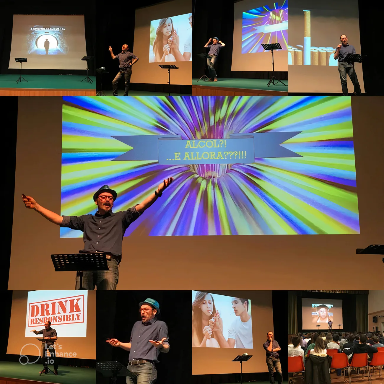 Fabrizio Palma in scena con le proiezioni dello spettacolo sulle dipendenze